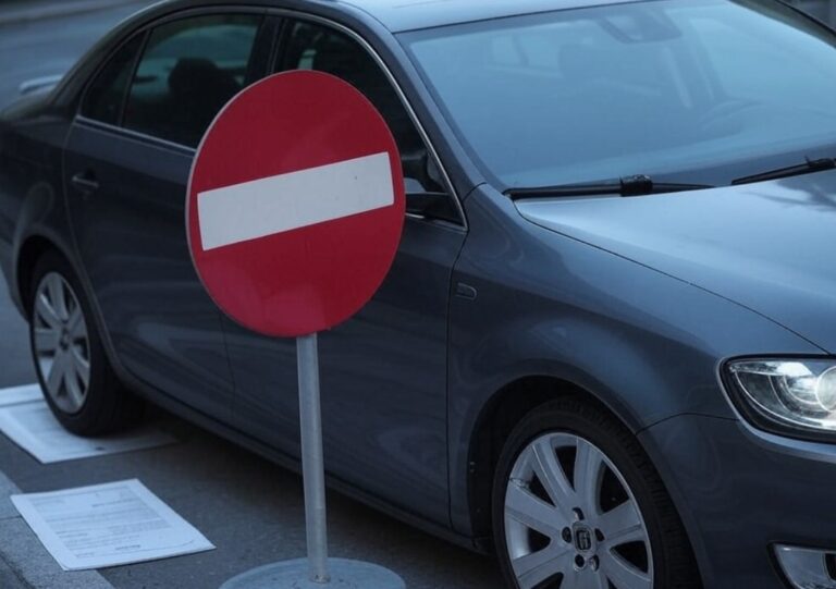 Image depicting a vehicle under a 'No Entry' sign, symbolizing an excluded driver on a personal auto insurance policy, with legal documents in the background.